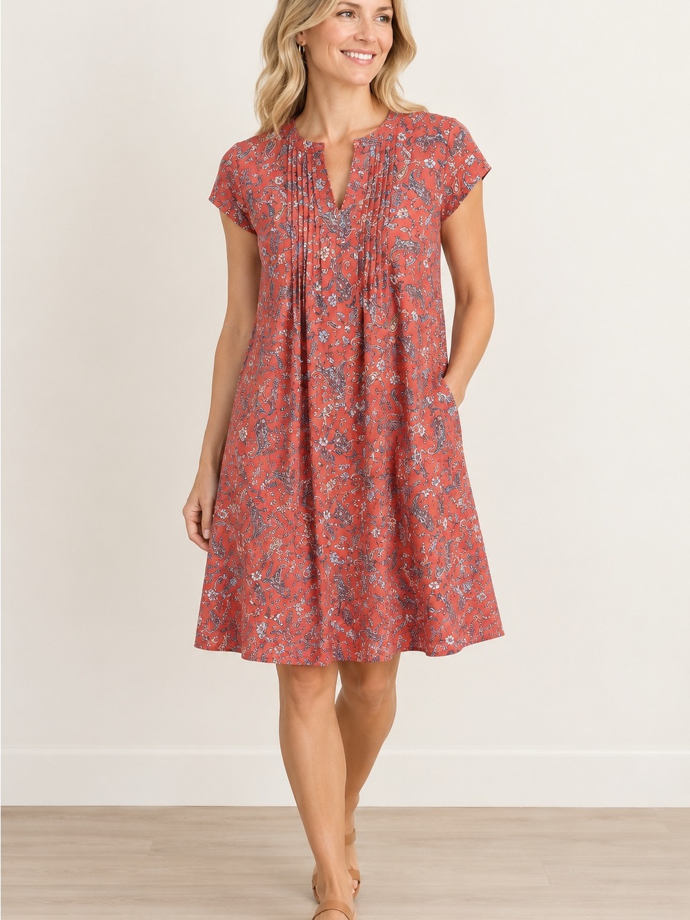 J Jill Red Rocks Paisley Pintucked Dress with pockets Dark Peach Sunset size M